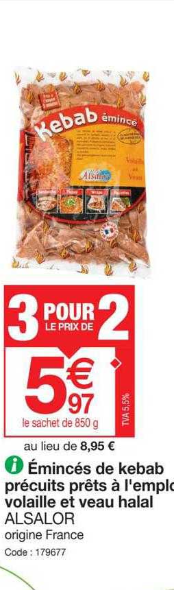 émincés de kebab précuits prêts à l'emploi volaille et veau halal alsalor