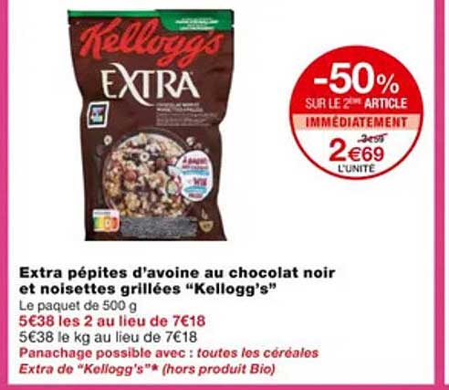 extra pépites d'avoine au chocolat noir et noisettes grillées "kellogg's"