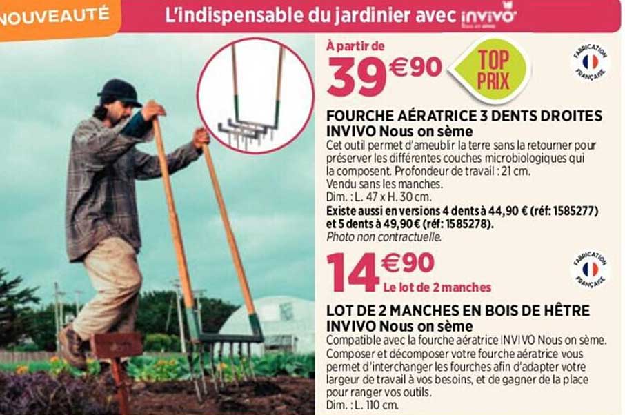 fourche aératrice 3 dents droites invivo nous on sème, lot de 2 manches en bois de hêtre invivo nous on sème