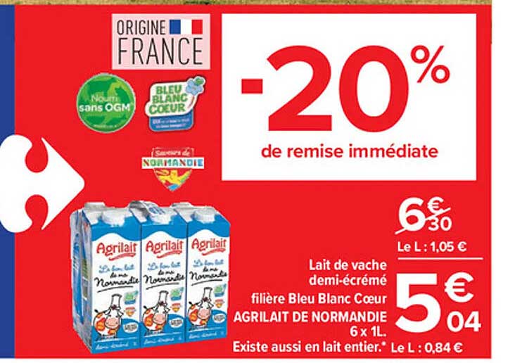 lait de vache demi-écrémé filière bleu blanc cœur agrilait de normandie