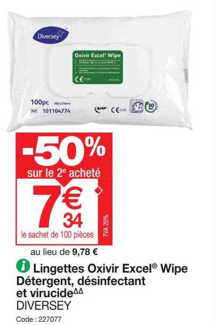lingettes oxivir excel wipe détergent, désinfectant et virucide diversey