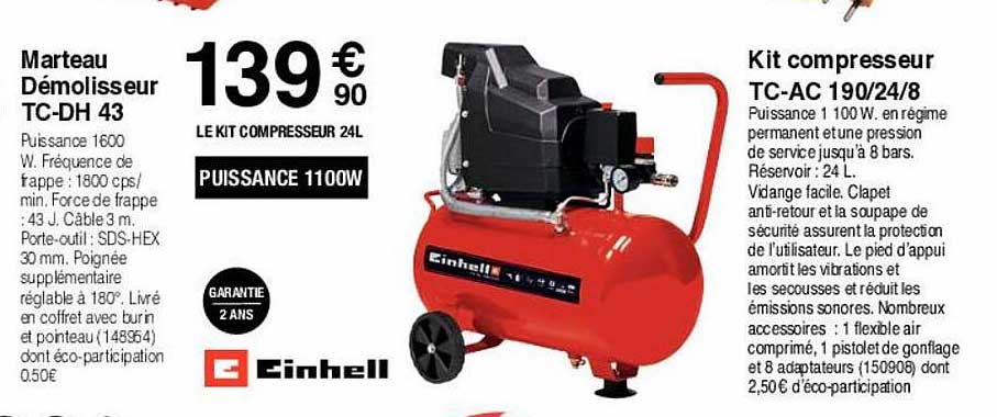 marteau démolisseur tc-dh 43 einhell, kit compresseur tc-ac 190-24-8 einhell