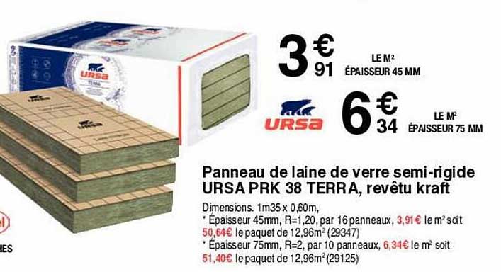 panneau de laine de verre semi-rigide ursa prk 38 terra, revêtu kraft