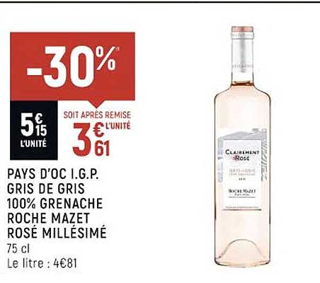 pays d'oc i.g.p. gris de gris 100% grenache roche mazet rosé millésimé