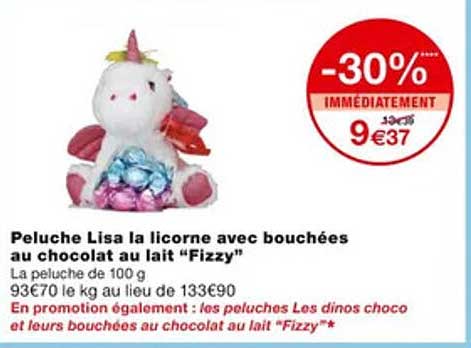 peluche lisa la licorne avec bouchées au chocolat au lait "fizzy"