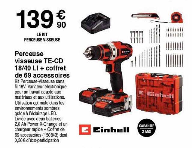 perceuse visseuse te-cd 18-40 li + coffret de 69 accessoires einhell