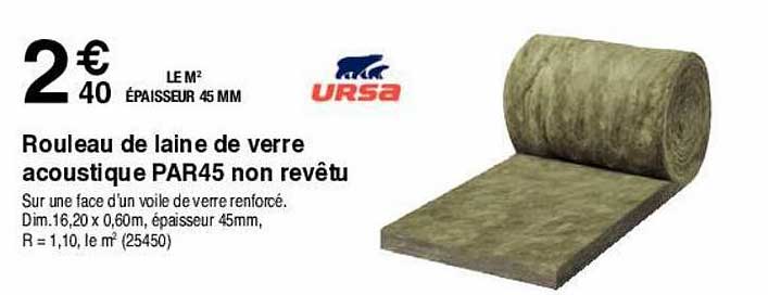 rouleau de laine de verre acoustique par45 non revêtu ursa