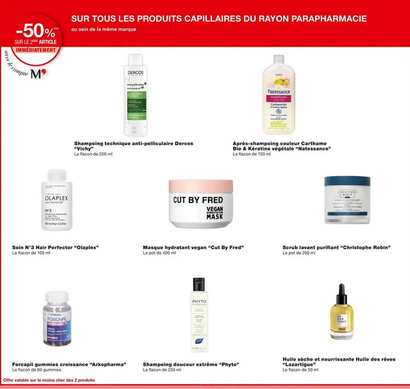 shampoing techniques anti-pelliculaire dercos "vichy", après-shampoing couleur carthame bio & kératine végétale "natessance", soin n°3 hair perfector "olaplex", masque hydratant végan "cut by fred"