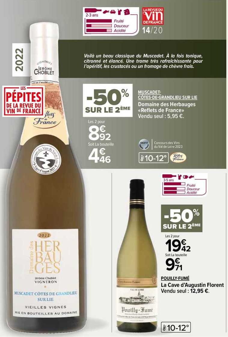 muscadet-côtes-de-grandlieu sur lie domaine des herbauges «reflets de france», pouilly-fumé la cave d'augustin florent