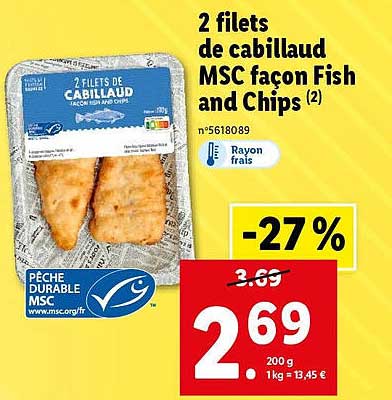 2 filets de cabillaud msc façon fish and chips