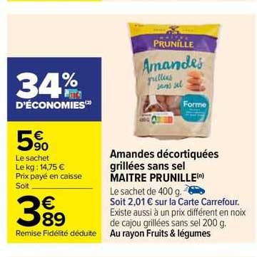 amandes décortiquées grillées sans sel maître prunille