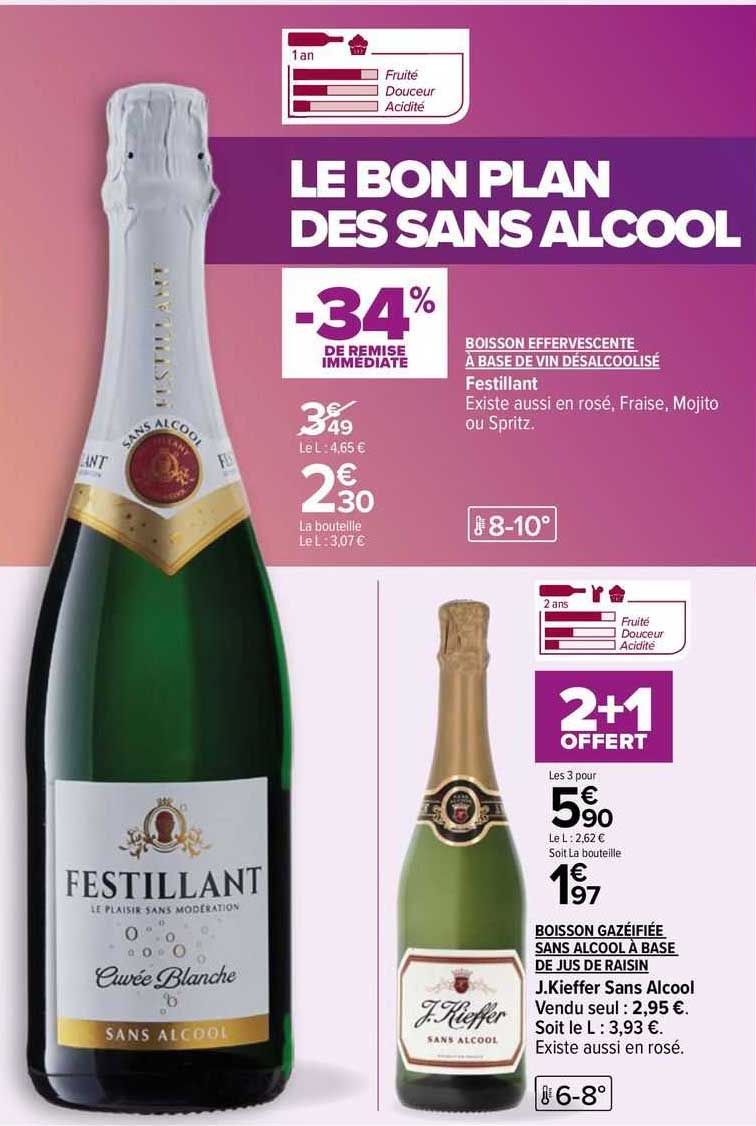 boisson effervescente à base de vin désalcoolisé festillant, boisson gazéifiée sans alcool à base de jus de raisin j.Kieffer sans alcool