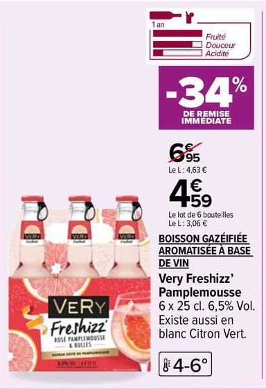boisson gazéifiée aromatisée à base de vin very freshizz' pamplemousse