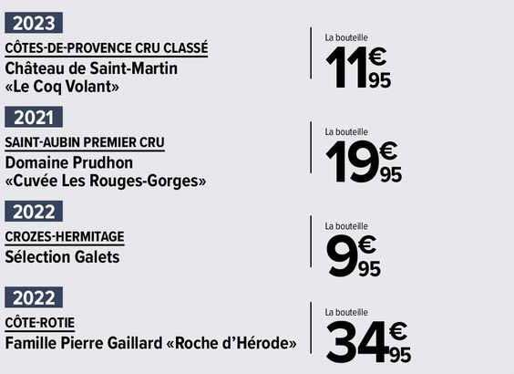 côtes-de-provence cru classé château de saint-martin «le coq volant», saint-aubin premier cru domaine prudhon «cuvée les rouges-gorges», crozes-hermitage sélection galets