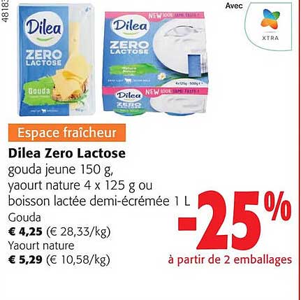 dilea zero lactose gouda jeune, yaourt nature ou boisson lactée demi-écrémée