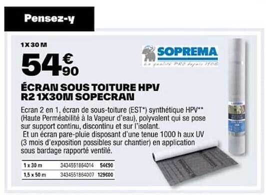 écran sous toiture hpv r2 1 x 30 m sopecran soprema