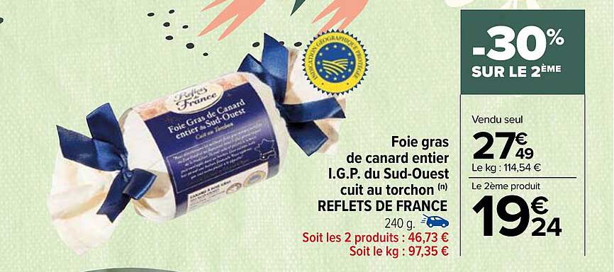 foie gras de canard entier i.g.p. du sud-ouest cuit au torchon reflets de france