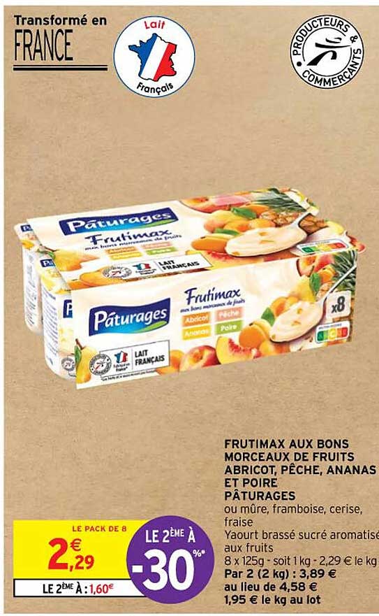 frutimax aux bons morceaux de fruits abricot, pêche, ananas et poire pâturages