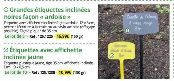 grandes étiquettes inclinées noires façon "ardoise" ou étiquettes avec affichette inclinée jaune