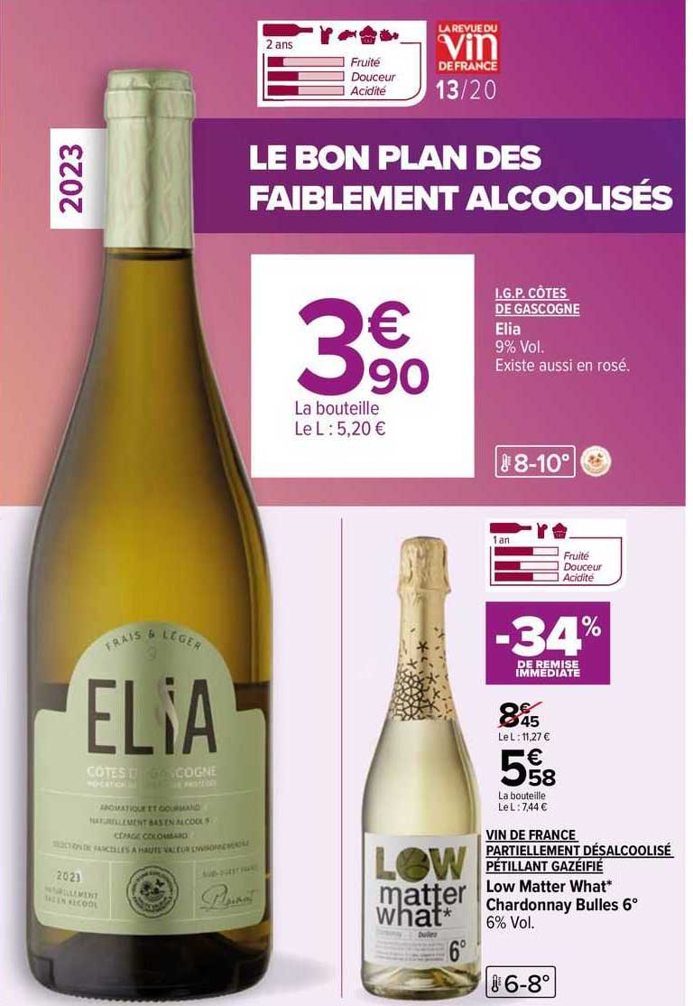 i.g.p. côtes de gascogne elia, vin de france partiellement déslcoolisé pétillant gazéifié low matter what chardonnay bulles 6°