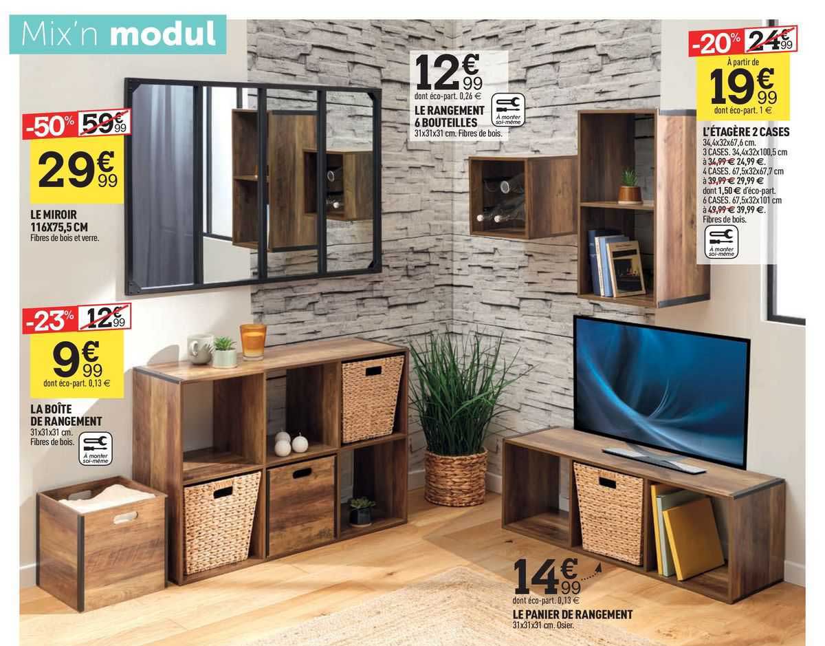 le miroir 116 x 75,5 cm, la boîte de rangement, le panier de rangement, le rangement 6 bouteilles, l'étagère 2 cases