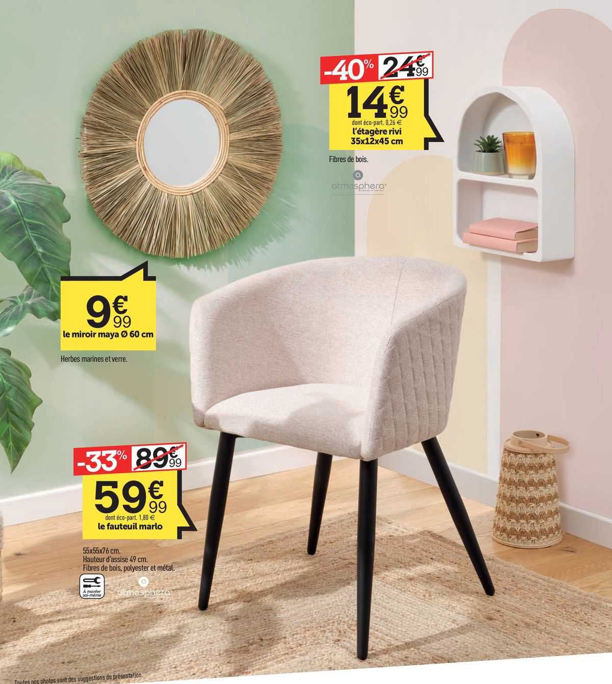 le miroir maya ø 60 cm, l'étagère rivi 35 x 12 x 45 cm, le fauteuil marlo