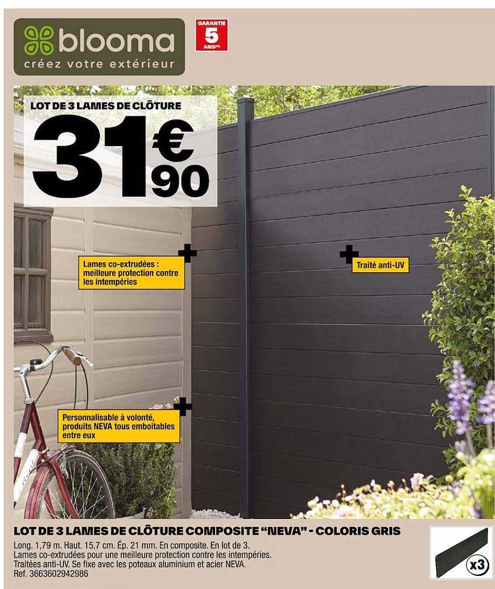 lot de 3 lames de clôture composite "neva" - coloris gris