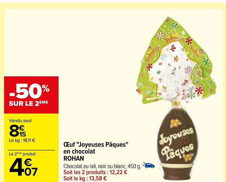 œuf "joyeuses pâques" en chocolat rohan