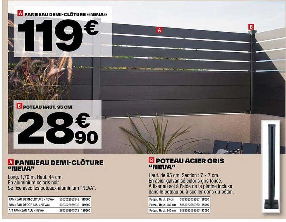 Panneau Demi-clôture "neva", Poteau Acier Gris "neva"