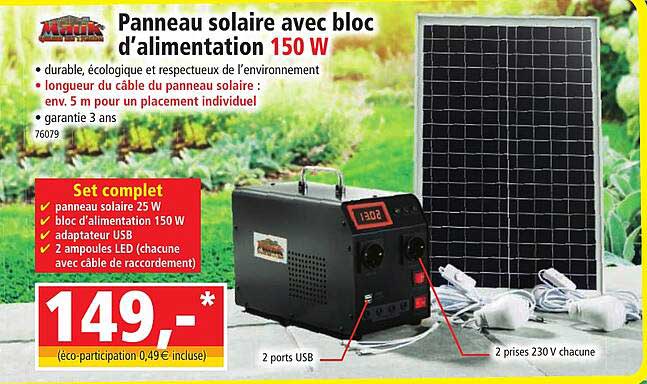 panneau solaire avec bloc d'alimentation 150 w
