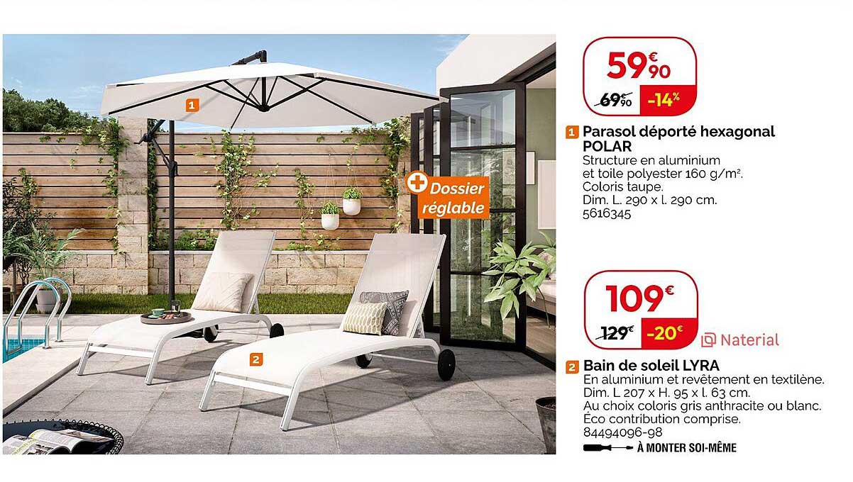 parasol déporté hexagonal polar, bain de soleil lyra