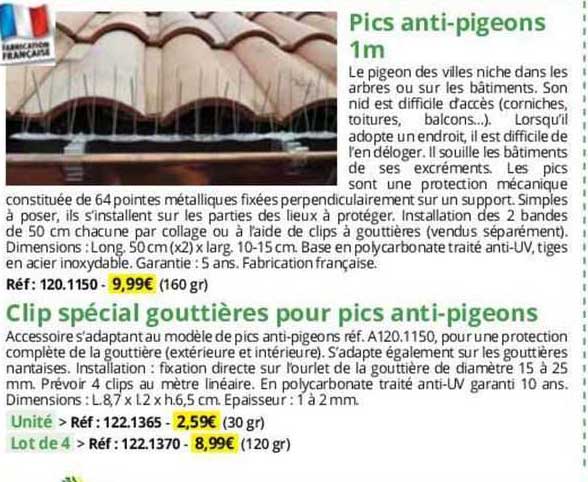 pics anti-pigeons ou clip spécial gouttières pour pics anti-piegeons