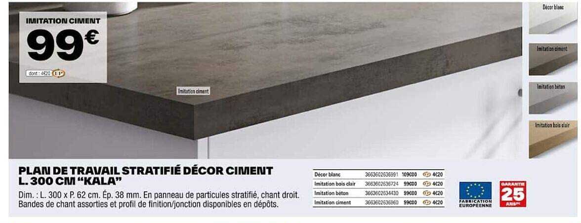 plan de travail stratifié décor ciment l. 300 cm "kala"