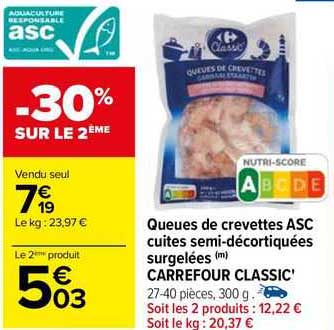 queues de crevettes asc cuites semi décortiquées surgelées carrefour classic'