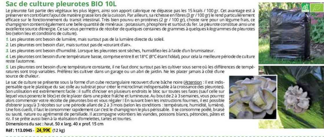 Sac De Culture Pleurotes Bio 10l