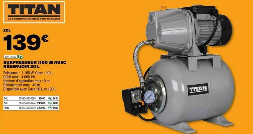 surpresseur 1100 w avec réservoir 20 l titan