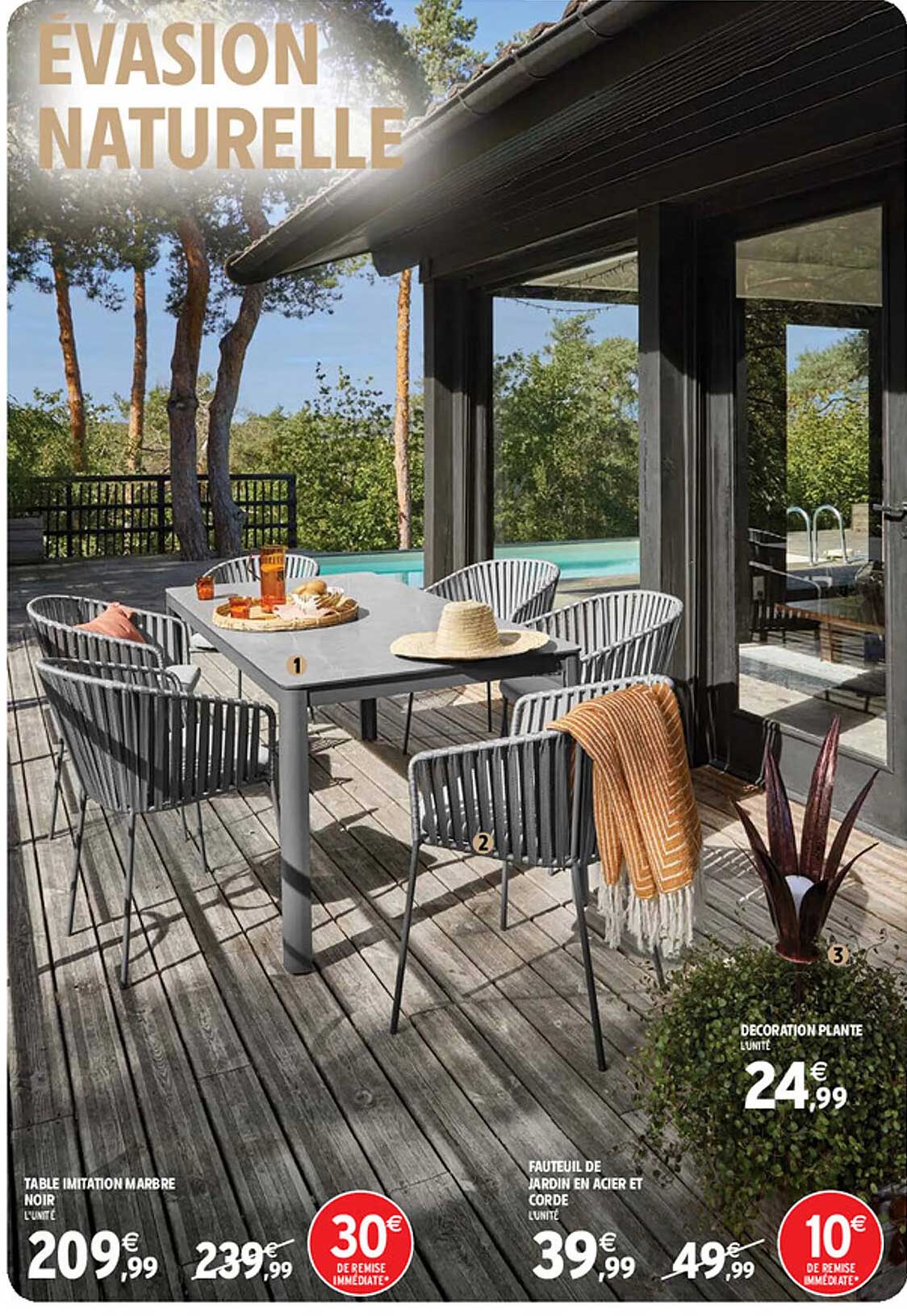 Table Imitation Marbre Noir, Fauteuil De Jardin Acier Et Corde, Décoration Plante
