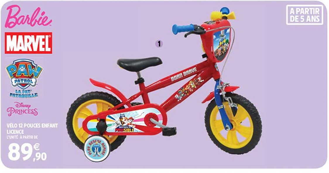 vélo 12 pouces enfant licence paw patrol, disney princess