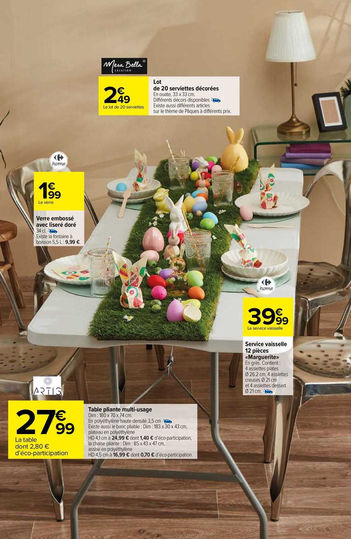 verre embossé avec liseré doré, table pliante multi-usages, service vaisselle 12 pièces «marguerite», lot de 20 serviettes décorées