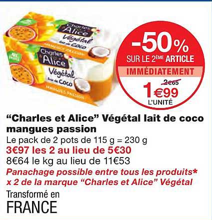 "charles Et Alice" Végétal Lait De Coco Mangues Passion