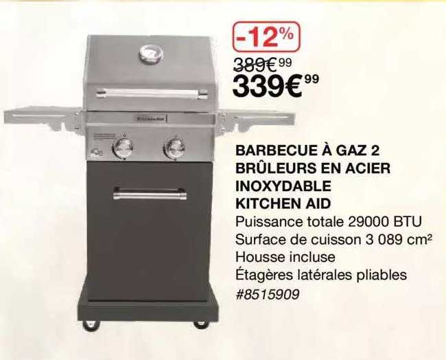 barbecue à gaz 2 brûleurs en acier inoxydable kitchen aid