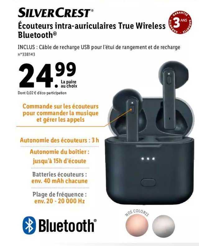 écouteurs intra-auriculaires true wireless bluetooth silver crest