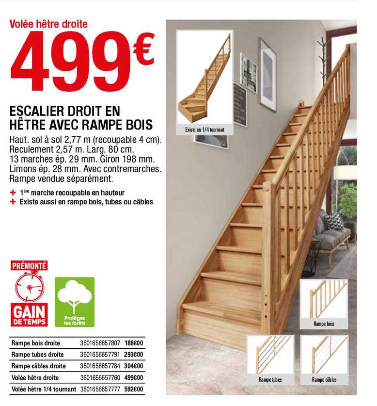Escalier Droit En Hêtre Avec Rampe Bois