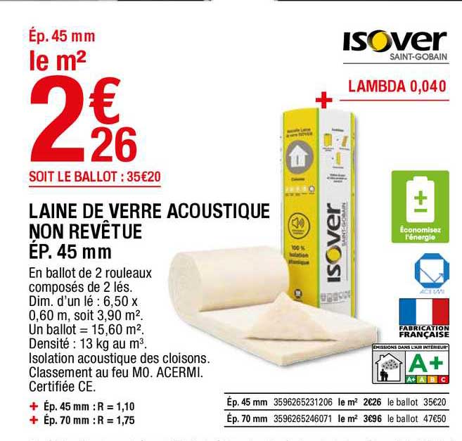 laine de verre acoustique non revêtue ép. 45 mm isover