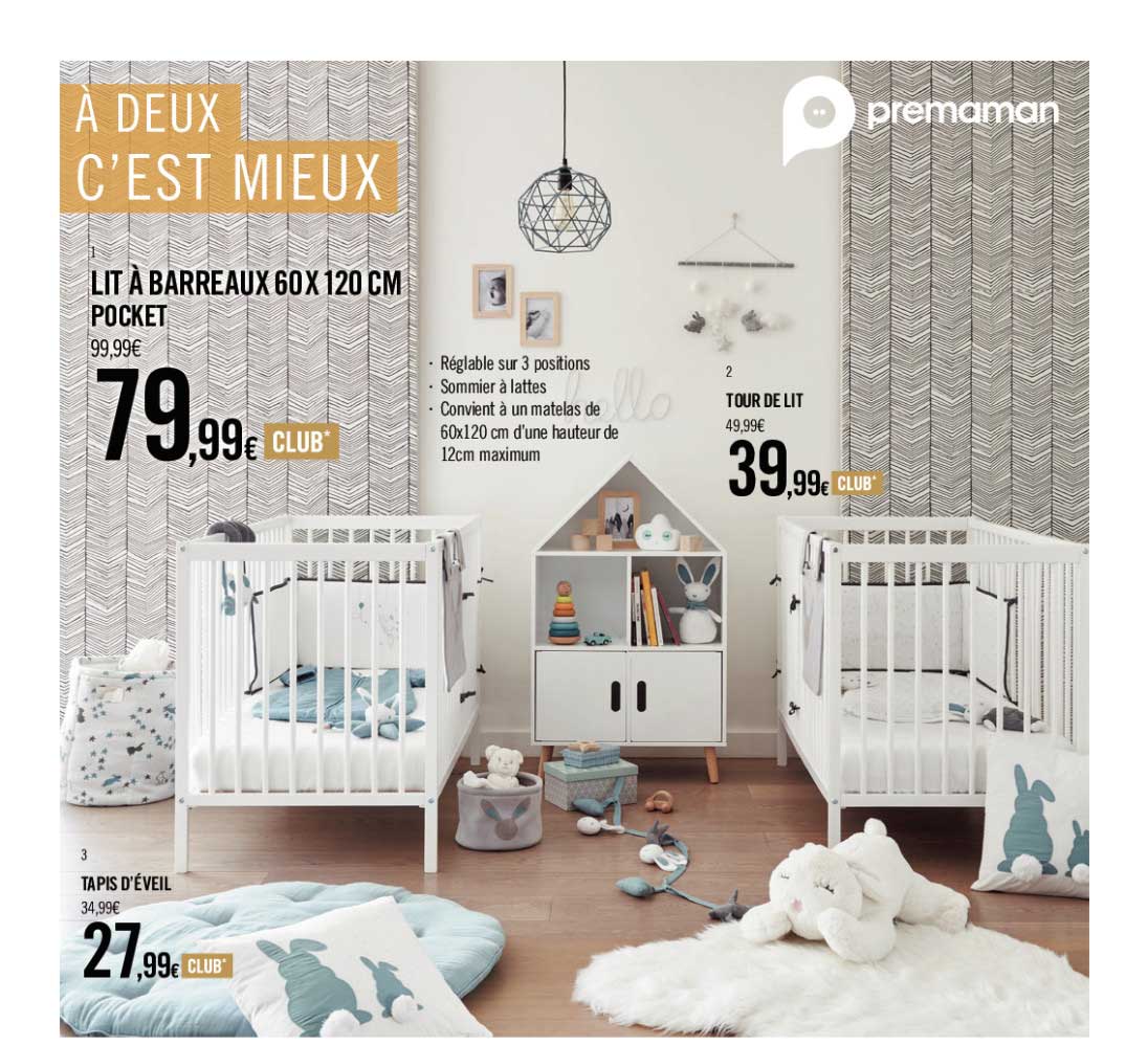 lit à barreaux 60 x 120 cm pocket, tour de lit, tapis d'éveil