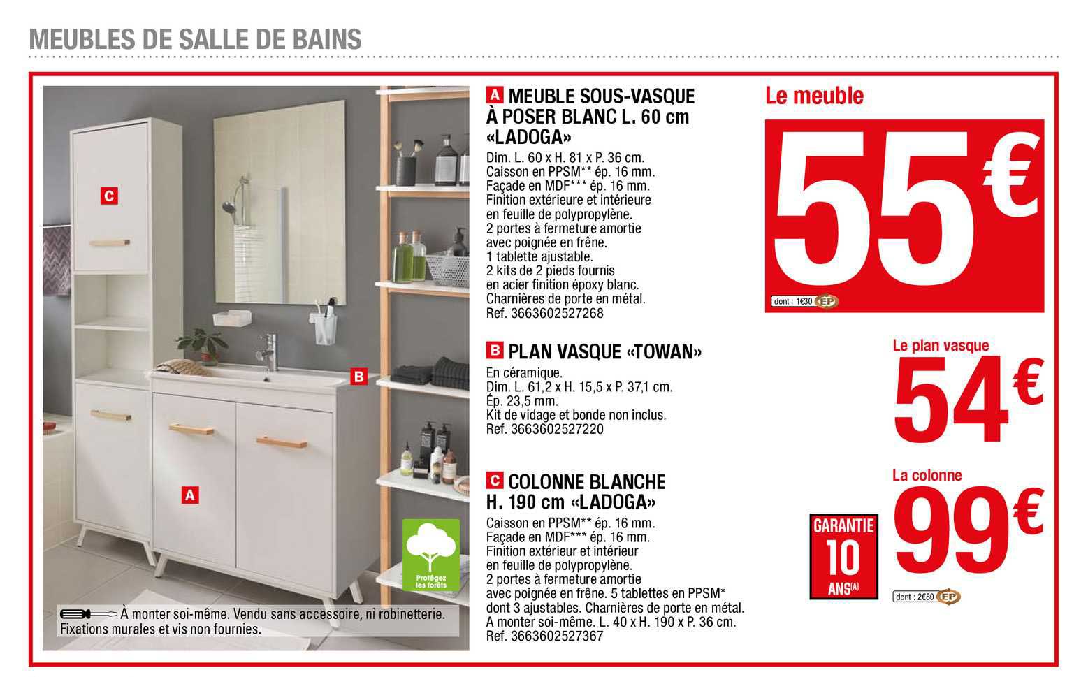 meuble sous-vasque à poser blanc l. 60 cm «ladoga», plan vasque «towan», colonne blanche h. 190 cm «ladoga»