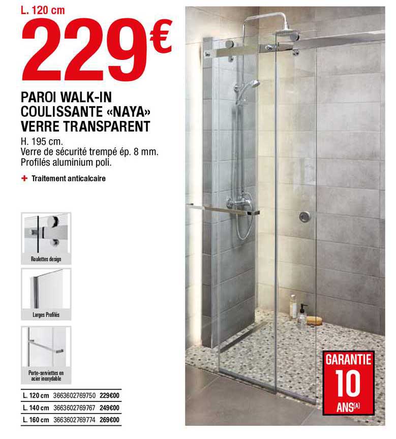 paroi walk-in coulissante «naya» verre transparent