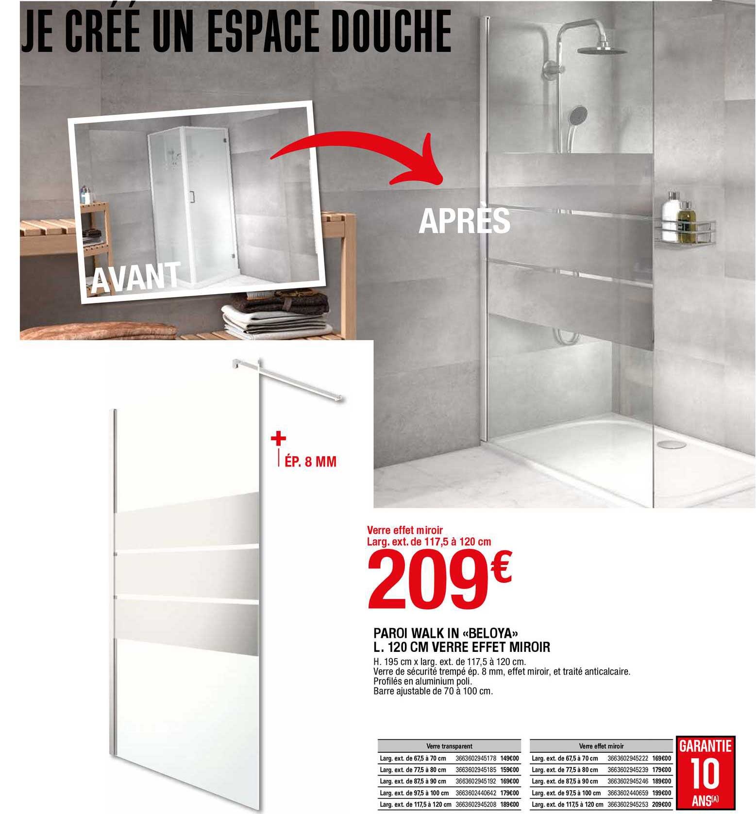 paroi walk in «beloya» l. 120 cm verre effet miroir
