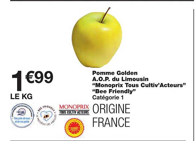 pomme golden a.o.p. limousin "monoprix tous cultiv'acteurs" "bee friendly"