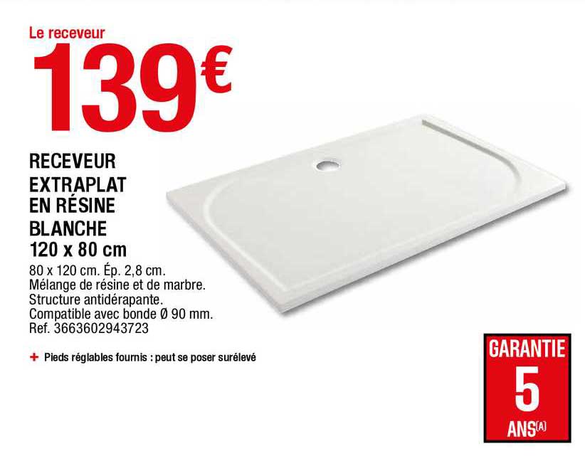 receveur extraplat en résine blanche 120 x 80 cm